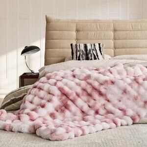 NEW Faux Fur Ruched Bubble Throw Twin Blanket ~Tie Dye Pink ~ 60" x 80"